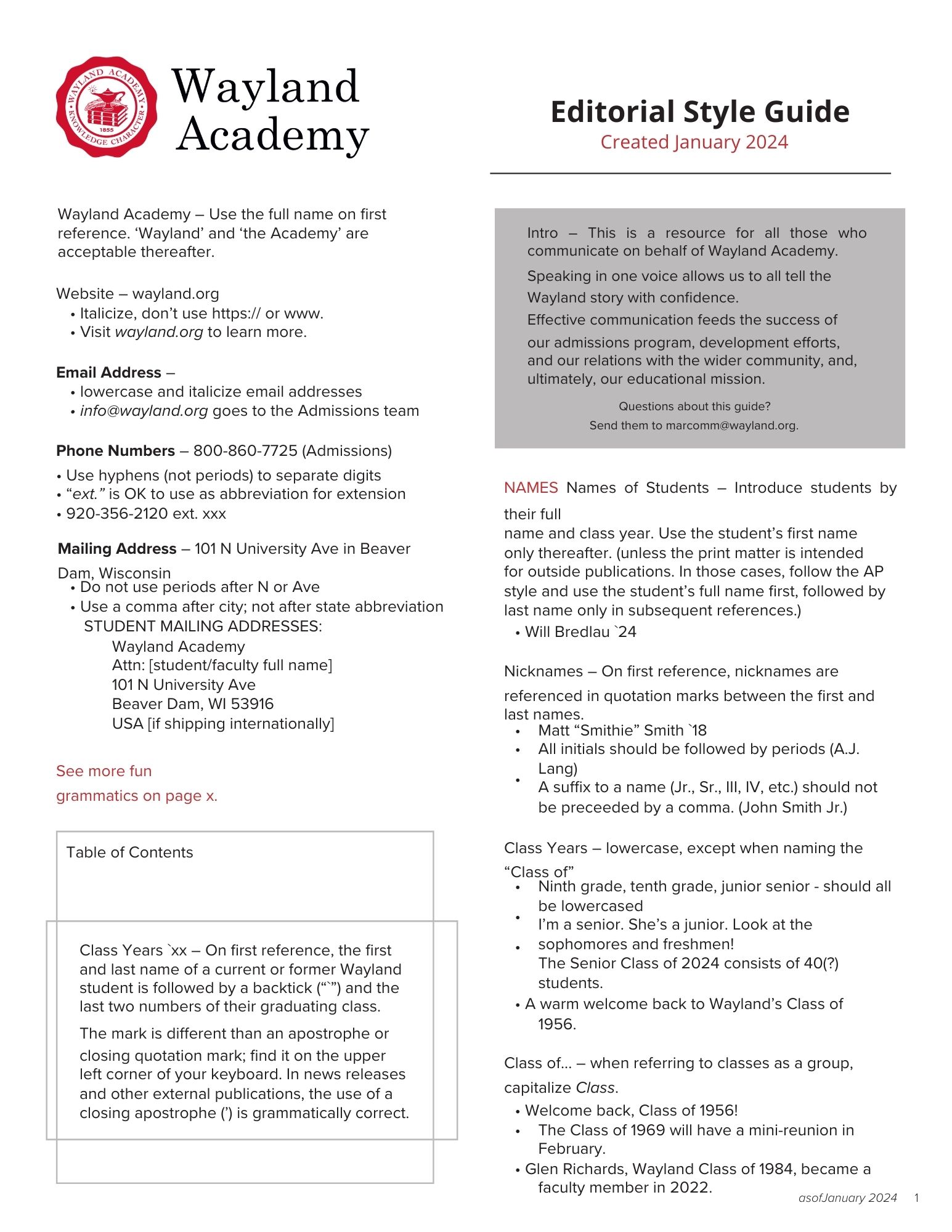 Cover of style guide for Wayland Academy internal use